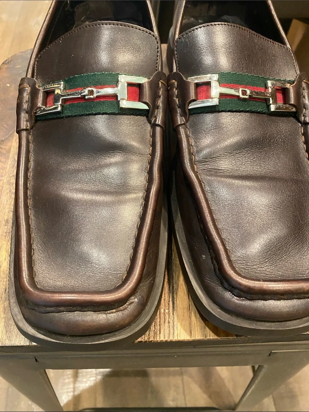 Gucci Brown Leather Loafers with Green-Red Web and Silver Bit
